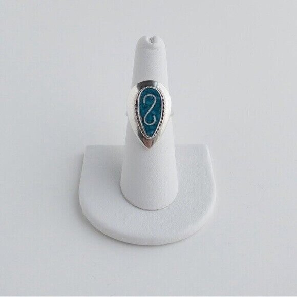 Sterling Silver Turquoise Mosaic Pear Shape Stone Ring Band Size 6.75 Mexico 925 - Picture 1 of 15